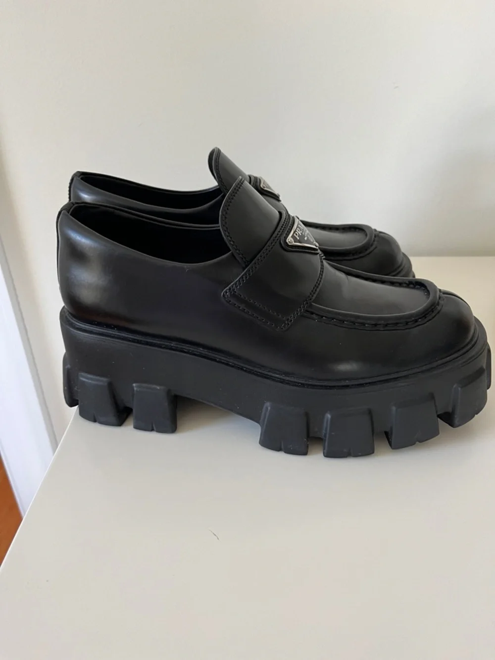 Prada Black Leather Chunky Lug-Sole Loafers - Picture 2 of 3
